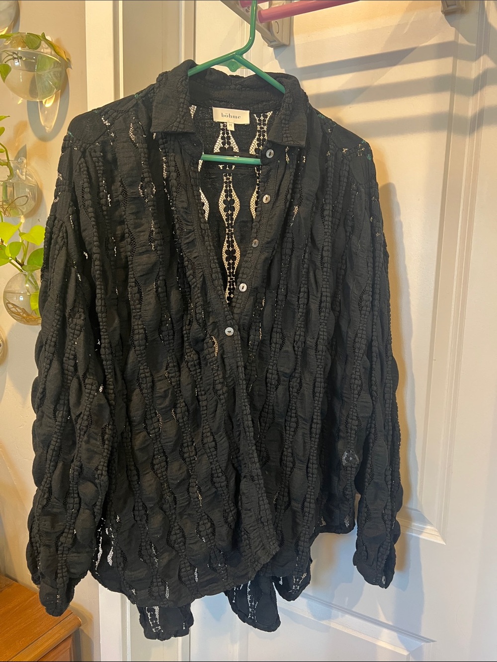 bohme Black Sheer Lace-Textured Button Shirt Jacket